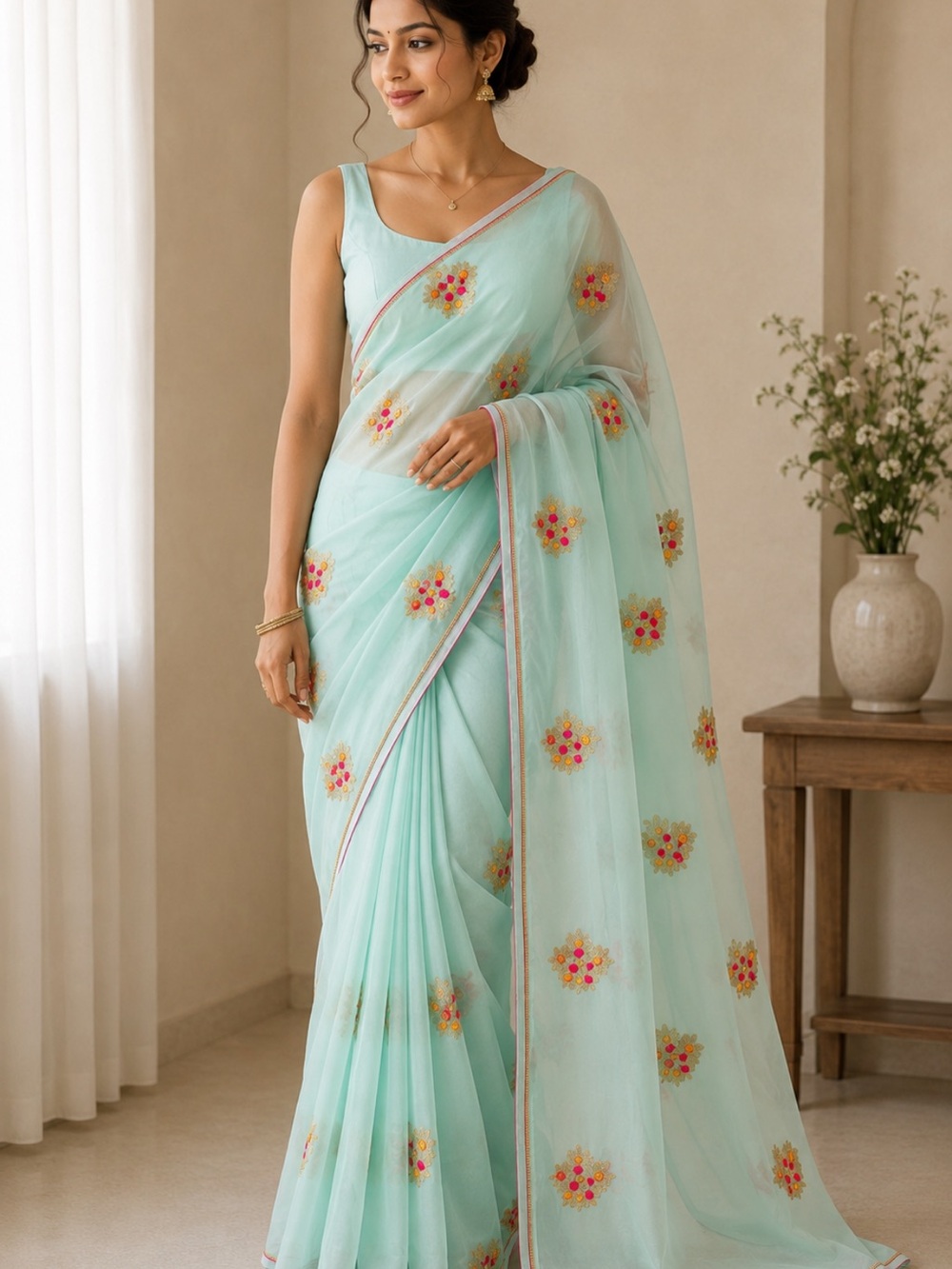Brand new Tissue silk Indian Pakistani Mint Green Embroidered Bollywood Saree